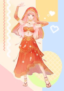 1girl absurdres arabian_clothes arm_up bare_shoulders beads bridal_gauntlets brown_eyes brown_sandals chinese_commentary choker circlet colorful_background commentary_request full_body gold_choker gold_necklace happy harem_outfit heart hexagram highres infinity_nikki jewelry long_hair long_sidelocks long_skirt luoyuzhanhua midriff necklace nikki_(nikki) nikki_(series) official_alternate_color outline patchworks pink_hair pleated_skirt red_bridal_gauntlets red_skirt red_tube_top red_veil sandals sidelocks skirt solo standing star_(symbol) star_necklace starwoven_dreams_(infinity_nikki) strapless striped_clothes striped_skirt tassel toes tube_top veil vertical-striped_clothes vertical-striped_skirt very_long_hair white_outline