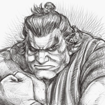  1boy commentary_request crosshatching e._honda facepaint greyscale hatching_(texture) kuroneco monochrome short_hair signature solo street_fighter sumo 