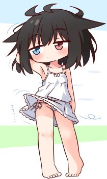  1girl absurdres arm_behind_head arm_up armpits bare_arms bare_legs bare_shoulders barefoot black_hair blue_eyes blush chibi closed_mouth clothes_lift commentary_request dress dress_lift full_body hana_kazari heterochromia highres looking_to_the_side original panties red_eyes side-tie_panties sleeveless sleeveless_dress solo standing underwear white_dress white_panties wind wind_lift 
