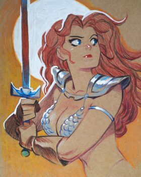  1girl armor bikini_armor blue_eyes breasts brown_gloves cleavage closed_mouth collarbone commentary el_gunto english_commentary gloves highres holding holding_sword holding_weapon large_breasts long_hair metal_bikini navel no_pupils red_hair red_lips red_sonja red_sonja_(comics) scale_armor solo sword weapon 