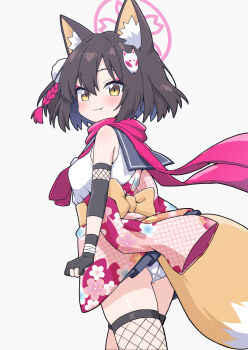  1girl animal_ear_fluff animal_ears ass back_bow black_gloves black_hair blue_archive blue_sailor_collar blush bow breasts closed_mouth commentary_request fishnet_thighhighs fishnets floral_print fox_ears fox_girl fox_hair_ornament fox_tail fukamiki_kei gloves halo highres izuna_(blue_archive) looking_at_viewer one_side_up panties pantyshot partially_fingerless_gloves pink_halo pink_scarf sailor_collar scarf shirt short_hair simple_background single_thighhigh small_breasts solo tail thighhighs underwear white_background white_panties white_shirt yellow_bow yellow_eyes 