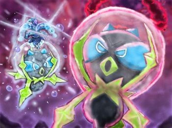  animal_focus bubble bug commentary_request dewpider dynamax gen_7_pokemon highres nintendo no_humans open_mouth pokemon pokemon_(creature) pokemon_focus pokemon_sm red_clouds terastallization wanitack water_drop 