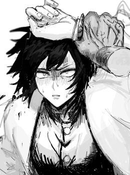  1boy arm_up buttons commentary_request demon_slayer_uniform fingernails greyscale haori henp_12 high_collar highres holding_another's_wrist jacket japanese_clothes kikkoumon kimetsu_no_yaiba long_hair looking_at_viewer male_focus monochrome parted_lips pov print_haori solo_focus spiked_hair sweat tomioka_giyuu upper_body white_background 