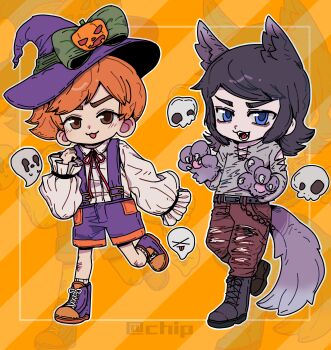  1boy 1girl abaddon_(haunted_hotel) absurdres animal_ears animal_hands black_hair blue_eyes boots brown_eyes chinese_commentary claw_pose claws commentary_request deformed esther_freeling fangs frilled_sleeves frills ghost gloves grey_shirt halloween halloween_costume hat haunted_hotel highres long_sleeves looking_at_viewer noecho orange_hair pants paw_gloves puffy_long_sleeves puffy_sleeves shirt short_hair shorts striped_background suspender_shorts suspenders tail torn_clothes torn_pants witch_hat wolf_boy wolf_ears wolf_tail yellow_background zoom_layer 
