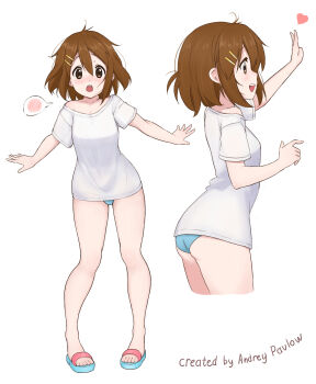  1girl :o absurdres andreypavlow arm_up artist_name ass bare_legs blue_panties brown_eyes brown_hair commentary cropped_legs double-parted_bangs english_commentary english_text feet from_side hair_between_eyes hair_ornament hairclip highres hirasawa_yui k-on! looking_at_viewer no_pants off_shoulder open_mouth outstretched_arms panties parallel_hairclips raised_eyebrows sandals shirt short_hair short_sleeves sideways_mouth simple_background smile spoken_blush spread_arms t-shirt toes underwear unkempt waving white_background white_shirt  rating:Sensitive score:18 user:danbooru