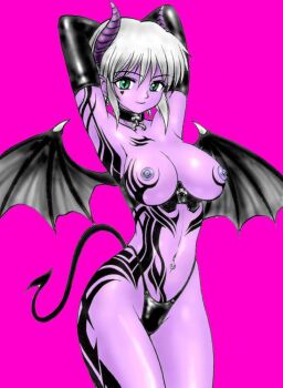  1girl arm_tattoo armpits artist_request bat_wings breast_tattoo breasts check_artist choker closed_mouth colored_skin copyright_request demon_girl demon_tail earrings elbow_gloves female_focus gloves green_eyes horns jewelry large_breasts leg_tattoo looking_at_viewer navel navel_piercing nipple_piercing nipple_rings nipples piercing purple_skin short_hair simple_background solo source_request stomach_tattoo tail tattoo usura wings  rating:Explicit score:12 user:Anonymous