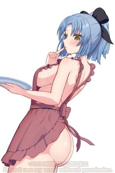  1girl absurdres apron ass assault_lily bare_arms bare_shoulders black_bow blue_hair blunt_ends blush bow breasts brown_apron closed_mouth commentary_request cowboy_shot fingernails food_on_hand frilled_apron frills from_side hair_bow hands_up high_ponytail highres holding holding_plate licking licking_finger looking_at_viewer looking_to_the_side makino_mitake medium_breasts naked_apron parted_bangs plate ponytail short_hair sideboob simple_background solo standing tongue tongue_out twitter_username ueharu veins veiny_breasts watermark white_background yellow_eyes 