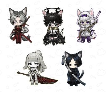 1mingk 2boys 3girls albina_(project_moon) android animal_ears black_eyes black_hair black_halo black_thighhighs blue_eyes bob_cut bright_pupils cable_hair cat_ears cat_tail colored_skin commentary e.g.o_(project_moon) grey_hair halo heterochromia highres kira_(project_moon) limbus_company lucio_(project_moon) multiple_boys multiple_girls ootachi parted_bangs procuration_(e.g.o) project_moon rabbit_ears ren_(project_moon) short_hair simple_background sora_(project_moon) sword sword_on_back untranslatable_commentary tail thighhighs weapon weapon_on_back white_background white_hair white_pupils white_skin