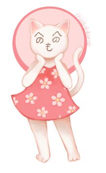  1girl animal_crossing dress female_focus floral_dress hands_on_own_face highres looking_at_viewer nintendo pink_background pink_dress simple_background standing thiefofstars white_background  rating:General score:0 user:liquorice2