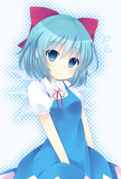  1girl arms_at_sides blue_dress blue_eyes blue_hair bow breasts cirno closed_mouth collared_shirt commentary_request dress hair_bow halftone halftone_background head_tilt heart ice ice_wings looking_at_viewer momoirone neck_ribbon pinafore_dress puffy_short_sleeves puffy_sleeves red_bow red_ribbon ribbon shirt short_hair short_sleeves sleeveless sleeveless_dress small_breasts smile solo touhou upper_body white_background white_shirt wings 