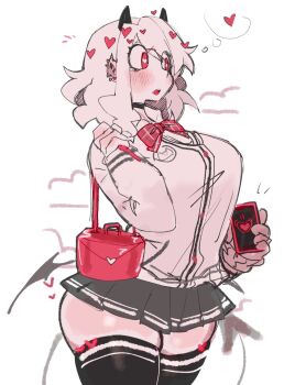 1girl :o ass bag black_horns black_skirt blush bow bowtie breasts buttons checkered_bow checkered_bowtie checkered_clothes collared_shirt cowboy_shot demon_girl heart heart-shaped_pupils helltaker highres holding holding_bag horns jacket large_breasts long_sleeves looking_ahead miniskirt modeus_(helltaker) open_mouth pleated_skirt red_bag red_bow red_bowtie red_eyes shirt short_hair simple_background skirt standing symbol-shaped_pupils teeth thick_thighs thighs tongue upper_teeth_only usa37107692 white_background white_hair white_shirt rating:Sensitive score:30 user:danbooru