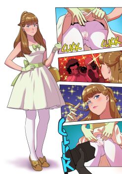  1girl absurdres bag blue_eyes brown_hair cameltoe dress gloves groin handbag highres long_hair looking_at_viewer original paparazzi tekuho_no_habo  rating:Explicit score:13 user:danbooru