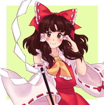  1girl ascot bow brown_eyes brown_hair closed_mouth cowboy_shot detached_sleeves frilled_bow frilled_hair_tubes frills gohei green_background hair_bow hair_tubes hakurei_reimu hand_in_own_hair hashtag-only_commentary holding holding_gohei long_hair long_sleeves looking_at_viewer nekolina red_bow red_ribbon red_shirt red_skirt reimu_day ribbon ribbon-trimmed_bow ribbon-trimmed_sleeves ribbon_trim shirt skirt sleeveless sleeveless_shirt smile solo touhou white_sleeves wide_sleeves yellow_ascot 