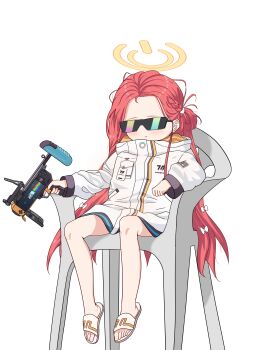  1girl absurdres bare_legs blue_archive bow braid chair chinese_commentary closed_mouth commentary devil_may_cry_(series) devil_may_cry_5 forehead full_body grenade_launcher gun hair_bow halo highres holding holding_gun holding_weapon id_card jacket long_hair long_sleeves m320 meme messy_hair millennium_science_school_logo monobloc_(chair) multicolored_jacket nongsuo_yuzu nyan_cat on_chair pocket power_symbol red_hair sandals simple_background sitting slides solo sunglasses tinted_eyewear toes vergil's_chair_(meme) very_long_hair weapon white_background white_bow white_jacket white_sandals yellow_halo yellow_jacket yuzu_(blue_archive) 