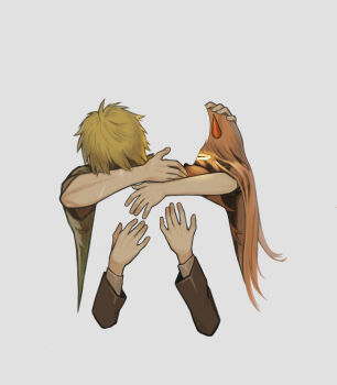  1girl 3boys angel_devil_(chainsaw_man) blending blonde_hair chainsaw_man denji_(chainsaw_man) grey_background halo hayakawa_aki highres horns hug long_hair long_sleeves multiple_boys nautikalmiles negative_space obscured pink_hair power_(chainsaw_man) red_horns short_hair upper_body 