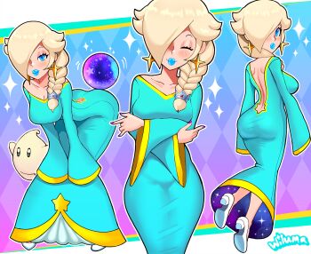  1girl absurdres alternate_costume alternate_hairstyle ass backless_dress backless_outfit blonde_hair blue_eyes blue_lips braid braided_ponytail breasts cleavage dress highres large_breasts lipstick long_sleeves luma_(mario) makeup mario_(series) nintendo rosalina sleeves_past_wrists tight_clothes tight_dress wiluma  rating:Sensitive score:6 user:Hatrade