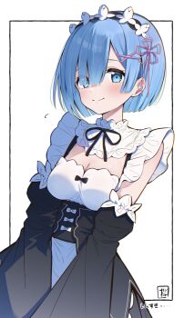  1girl akagi_natsuichi blue_eyes blue_hair breasts cleavage commentary_request cowboy_shot detached_sleeves eyes_visible_through_hair flying_sweatdrops hair_ornament hair_over_one_eye highres maid maid_headdress medium_breasts pink_ribbon re:zero_kara_hajimeru_isekai_seikatsu rem_(re:zero) ribbon ribbon-trimmed_clothes ribbon_trim roswaal_mansion_maid_uniform short_hair signature smile solo x_hair_ornament 