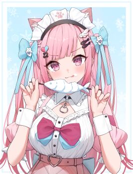  1girl :3 absurdres animal_ear_fluff animal_ears bandaid bandaid_hair_ornament belt black_choker blue_background blue_bow blush bow braid breasts buckle cat_choker cat_ears cat_girl choker cleavage_cutout closed_mouth clothing_cutout collarbone commentary_typo crossed_bandaids crumbs dress extra_ears fingernails fish fish_hair_ornament ghost_hair_ornament hair_bow hair_ornament hairclip hands_up heart heart-shaped_buckle heart_hair_ornament highres holding indie_virtual_youtuber large_breasts long_hair looking_at_viewer maid maid_headdress nail_polish o-ring o-ring_choker paw_print pink_belt pink_bow pink_dress pink_eyes pink_hair pink_nails rakun short_sleeves smile snow snowflake_background solo tongue tongue_out two_side_up v-shaped_eyebrows virtual_youtuber white_background white_wrist_cuffs wing_hair_ornament wrist_cuffs yuuki_sakuna yuuki_sakuna_(1st_costume)  rating:Sensitive score:9 user:danbooru