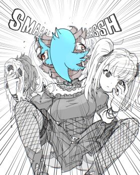  1girl ani_(xai) animegao blue_eyes breasts choker chromatic_aberration corset cosplay disguise fishnet_thighhighs fishnets goth_fashion greyscale highres holding holding_mask kazkitashima kigurumi lace-trimmed_choker lace_trim large_breasts mask monochrome puffy_short_sleeves puffy_sleeves red_eyes short_sleeves simple_background sitting solo sound_effects spot_color thighhighs twitter twitter_bird white_background xai_(company) 