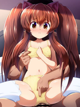  1boy 1girl aloe_(quiz_magic_academy) animal_ears blush bow bow_panties bra brown_eyes brown_hair cat_ears censored clothed_female_nude_male fingering fingering_through_clothes head_out_of_frame hetero highres konpeto loli long_hair looking_at_viewer navel nipple_stimulation nipple_tweak nude panties penis quiz_magic_academy reach-around shiny_skin sidelocks solo_focus spread_legs thighhighs through_clothes twintails underwear underwear_only very_long_hair white_thighhighs yellow_bra yellow_panties  rating:Explicit score:67 user:fucktacular
