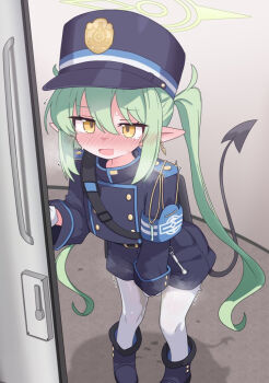  1girl arm_between_legs armband black_tail blue_archive blue_armband blue_boots blue_hat blue_jacket blue_shorts blush boots buttons commentary_request demon_girl demon_tail double-breasted duplicate earrings fang gloves green_hair green_halo halo hat have_to_pee jacket jewelry lmc_(lmcgarage) loli long_hair long_sleeves looking_at_viewer nose_blush nozomi_(blue_archive) open_mouth pantyhose pantyhose_under_shorts pee peeing peeing_self pointy_ears shadow short_shorts shorts single_earring skin_fang solo standing sweat tail train_conductor trembling twintails very_long_hair white_gloves white_pantyhose yellow_eyes 