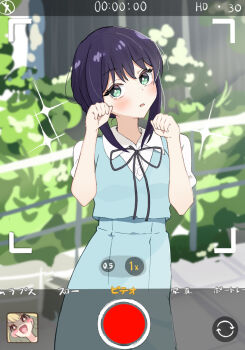  1girl black_hair blue_dress blush boxterebityan3 cho_kaguya-hime! collarbone commentary_request dress fake_screenshot green_eyes hands_up highres kaguya_(cho_kaguya-hime!) long_hair looking_at_viewer neck_ribbon open_mouth pinafore_dress ribbon sakayori_iroha sleeveless sleeveless_dress sparkle viewfinder 