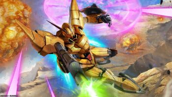  absurdres battle beam_rifle beam_shield copyright_notice desert dutch_angle energy_beam energy_gun explosion firing flying gundam gundam_battle_operation_2 highres mecha mecha_focus mobile_suit mountainous_horizon muzzle_flash no_humans official_art painting_(medium) promotional_art realistic robot scan scene_reference science_fiction shokew sunrise sunrise_(company) tenjin_hidetaka thrusters traditional_media victory_gundam weapon zanscare 