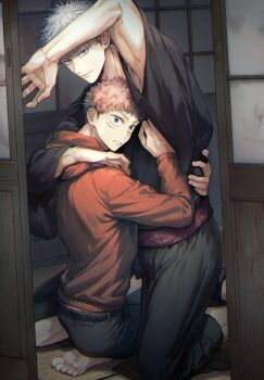  2boys arm_up barefoot belt black_belt black_hair black_pants blue_eyes boy_on_top brown_eyes caught closed_mouth commentary_request gojou_satoru hood hood_down hoodie itadori_yuuji jujutsu_kaisen kneeling male_focus multicolored_hair multiple_boys nay_bb open_door pants parted_lips pink_hair red_hoodie seiza short_hair shouji sitting sliding_doors toes two-tone_hair undercut white_hair yaoi 