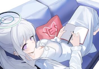 1girl absurdres bad_id bad_twitter_id blue_archive blush breasts cleavage closed_mouth couch from_above grey_hair halo highres holding holding_notebook holding_pen iv_(iv70311741) long_sleeves looking_at_viewer lying medium_breasts nightgown noa_(blue_archive) noa_(pajamas)_(blue_archive) notebook official_alternate_costume official_alternate_hairstyle on_back on_couch pajamas pen ponytail purple_eyes smile solo white_background white_nightgown white_pajamas yes-no_pillow 