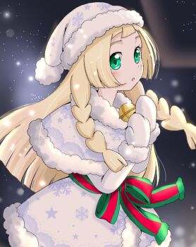  1girl :o alternate_costume bell blonde_hair blush bow braid capelet commentary_request dress emapippi green_bow green_eyes hat lillie_(pokemon) long_hair long_sleeves mittens nintendo pokemon pokemon_sm red_bow solo twin_braids two-tone_bow white_capelet white_dress white_hat white_mittens winter_clothes 