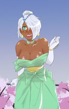  1girl aqua_choker aqua_dress bare_shoulders beads blue_background blush bow bracelet breasts choker choker_jewel cleavage collarbone cowboy_shot dark-skinned_female dark_skin diamond-shaped_earrings dress dress_bow elbow_gloves folded_ponytail gender_transitioning genderswap genderswap_(mtf) gloves gradient_background green_choker green_dress green_eyes grey_background gundam hair_beads hair_ornament hair_over_one_eye hand_chains highres jewelry large_breasts laura_rolla loran_cehack medium_hair open_mouth plant sash sidelighting solo strapless strapless_dress teeth tieflingthembo turn_a_gundam upper_teeth_only waist_sash white_gloves white_hair yellow_sash  rating:Sensitive score:1 user:danbooru