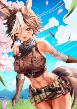  1girl abs ahoge animal_ears belt belt_pouch black_belt breast_pocket brown_eyes brown_gloves brown_hair buttons cloud commentary commission falling_petals garimayo gloves highres horse_ears horse_girl horse_tail indie_virtual_youtuber midriff one_eye_closed open_mouth petals pink_petals pocket pouch skeb_commission sky sleeveless smile solo star_(symbol) tail tomoe_umari tomoe_umari_(umari_3.0) virtual_youtuber white_hair 