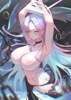  1girl absurdres air_bubble annasui_factory aqua_hair armpits arms_up artist_name azur_lane black_background black_collar blurry blush bound bound_wrists breasts bubble chain chained chromatic_aberration cleavage collar collarbone colored_inner_hair commentary curtained_hair depth_of_field earrings english_commentary fins ganj-i-sawai_(azur_lane) ganj-i-sawai_(mermaid_in_distress)_(azur_lane) glint halo highres inverted_nipples jewelry large_breasts leash looking_at_viewer mermaid monster_girl multicolored_hair navel nipples official_alternate_costume parted_bangs parted_lips pearl_earrings pink_hair pink_halo purple_eyes scales sideboob solo stomach teeth torn_clothes underboob underwater 