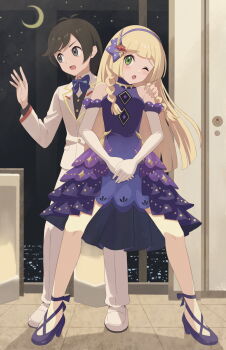 1boy 1girl bare_shoulders between_legs blonde_hair blush botan_m brown_hair dress elio_(pokemon) gloves green_eyes grey_eyes hand_between_legs hand_on_another's_shoulder have_to_pee high_heels highres indoors lillie_(pokemon) long_hair moon night night_sky nintendo one_eye_closed open_mouth pokemon pokemon_sm purple_dress sky standing white_gloves
