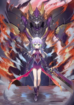  1girl absurdres armor bare_shoulders blue_eyes dress fins full_body gauntlets glaive_(polearm) gradient_hair greaves green_hair hair_between_eyes head_fins highres holding holding_polearm holding_weapon leg_armor long_hair looking_at_viewer mecha multicolored_hair mytea_(soso) original polearm purple_dress purple_hair robot sabaton sleeveless sleeveless_dress solo weapon wrist_guards 