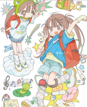  2girls ahoge backpack bag brown_eyes brown_hair candy dessert food highres long_hair multiple_girls one_eye_closed open_mouth original randoseru short_sleeves shorts shoulder_bag smile star_(symbol) sw_swoo twintails v 