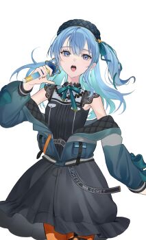  1girl absurdres arm_at_side asymmetrical_sidelocks belt beret black_belt black_choker black_dress black_hat blue_eyes blue_hair blue_jacket choker clothes_writing collared_dress colored_inner_hair commentary_request double-parted_bangs dress garter_straps green_ribbon hair_between_eyes hair_ribbon hand_up hat highres holding holding_microphone hololive hoshimachi_suisei hoshimachi_suisei_(casual) jacket jacket_partially_removed lace lace_choker lace_sleeves long_hair long_sleeves looking_at_viewer microphone multicolored_hair music nagahisa neck_ribbon o-ring o-ring_thigh_strap off_shoulder official_alternate_costume official_alternate_hair_length official_alternate_hairstyle one_side_up open_mouth orange_pantyhose pantyhose quilted_headwear quilted_jacket ribbon short_dress short_sleeves sidelocks simple_background singing single_garter_strap solo star_(symbol) star_in_eye symbol_in_eye thigh_strap two-sided_fabric two-sided_jacket virtual_youtuber white_background 