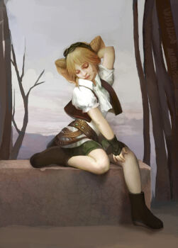  1girl ankle_boots archived_source arm_behind_back ascot bad_tag bare_tree belt black_gloves blonde_hair boots branch brown_vest closed_eyes closed_mouth collared_shirt commentary_request cone_hair_bun crack double_bun dwarf fingerless_gloves fingernails full_body gloves goggles goggles_on_head gold_belt green_skirt grey_sky hair_bun half_updo korean_commentary lips miniskirt nose original outdoors painterly puffy_short_sleeves puffy_sleeves realistic shirt short_hair short_sleeves sitting skirt sky solo tako_ashin tree vest white_ascot white_shirt wing_collar 