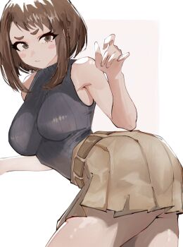 1girl absurdres armpit_crease ass ass_peek bare_shoulders belt black_sweater blush blush_stickers boku_no_hero_academia breasts brown_belt brown_eyes brown_hair brown_skirt closed_mouth commentary freckles from_behind hand_up high-waist_skirt highres impossible_clothes kylesminecraft large_breasts looking_at_viewer looking_back miniskirt pleated_skirt ribbed_sweater shirt short_hair sidelocks simple_background skirt sleeveless sleeveless_sweater sleeveless_turtleneck solo standing sweater swept_bangs thighs turtleneck turtleneck_sweater twisted_torso underbutt uraraka_ochako white_background 