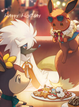  absurdres bow brown_eyes brown_fur commentary_request cookie deer deerling deerling_(winter) dog donut eevee eevee_ears eevee_tail fluffy food furfrou gen_1_pokemon gen_5_pokemon gen_6_pokemon grey_eyes highres nintendo plate pokemon pokemon_(creature) pokemon_focus poodle red_eyes ribbon shine_cheese snout sunglasses white_fur 