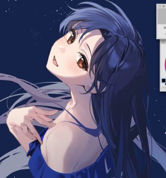  1girl art_program_in_frame bad_id bad_twitter_id bare_shoulders blue_background blue_dress blue_hair brown_eyes dress from_side hand_up highres idolmaster idolmaster_(classic) kisaragi_chihaya long_hair looking_at_viewer looking_to_the_side nozawa_noko open_mouth screencap shaft_look smile solo upper_body 