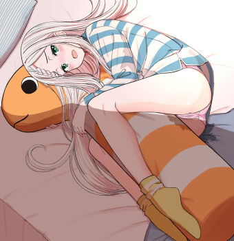  1girl ass blush body_pillow braid crotch_rub crotch_seam female_masturbation full_body green_eyes hair_spread_out highres long_hair long_sleeves lying masturbation no_pants on_bed on_side open_mouth original otoo_kanade_(urushiushiru) pajamas panties pillow pillow_humping pink_hair pink_panties pussy_juice shirt socks solo striped_clothes striped_pajamas striped_shirt under_covers underwear urushiushiru variant_set very_long_hair wet wet_clothes wet_panties wet_spot yellow_socks 