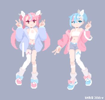  2girls bandeau bare_shoulders belt blue_belt blue_bow blue_eyes blue_hair blue_jacket blue_shoes bow commentary double_bun double_v footwear_bow full_body grey_background grey_shorts hair_bun hair_ribbon halterneck hand_up hands_up highres jacket long_hair long_sleeves looking_at_viewer midriff multicolored_hair multiple_girls navel off_shoulder original pink_belt pink_bow pink_eyes pink_hair pink_jacket pink_shoes pixel_art puffy_long_sleeves puffy_sleeves ribbon shoes short_hair short_shorts short_side_ponytail shorts simple_background single_bare_leg single_thighhigh smile star-kiss streaked_hair thighhighs twintails two-tone_hair v very_long_hair white_bandeau white_ribbon white_thighhighs 