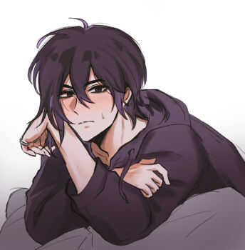  1boy black_hair black_hoodie blush closed_mouth commentary_request e-ssentia-l hand_on_own_face highres hood hoodie korean_commentary looking_at_viewer male_focus sebastian_(stardew_valley) short_hair shy simple_background solo stardew_valley white_background 