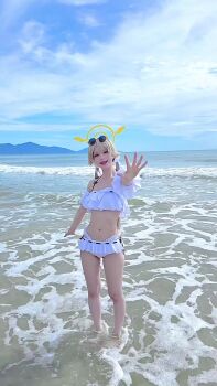  1girl absurdres animated ass bare_shoulders bikini blue_archive blue_sky breasts commentary_request cosplay_photo day frilled_bikini frills hifumi_(blue_archive) highres horizon light_brown_hair long_hair mountainous_horizon navel ocean outdoors photo_(medium) real_life sky small_breasts sound standing stomach sunglasses swimsuit video walking white_bikini yamo8cos 