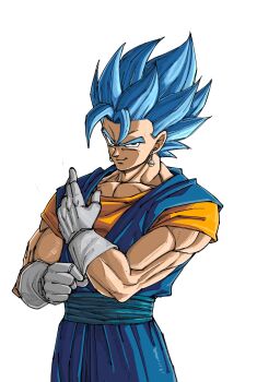  1boy blue_eyes blue_hair blue_pants blue_sash blue_shirt commentary_request dougi dragon_ball dragon_ball_super earrings gloves gomadang0417 highres jewelry muscular muscular_male orange_shirt pants potara_earrings sash shirt solo spiked_hair super_saiyan super_saiyan_blue vegetto white_gloves 