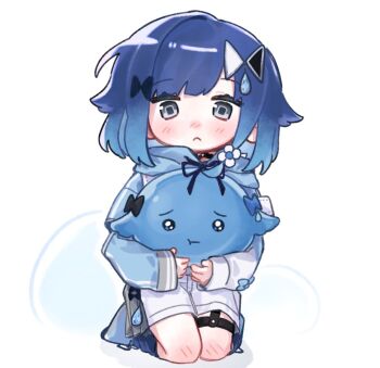  1girl blue_eyes blue_hair blue_hoodie blue_socks blush bobosong_9 frown hair_ornament holding hood hoodie kneeling medium_hair overall_shorts overalls pout socks solo thigh_strap tsumugi_kokage virtual_youtuber vspo! white_overalls  rating:General score:0 user:Venjoyer3