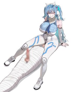 1boy 1girl animal_ear_headphones animal_ears arm_support bandages blue_eyes blue_hair blush bodypaint bodysuit breasts cat_ear_headphones cat_ears censored erection fake_animal_ears girl_on_top goddess_of_victory:_nikke grin headphones highres large_breasts long_hair marheit mekami_shifty_(nikke) mosaic_censoring multicolored_bodysuit number_print painted_clothes penis shoes simple_background sitting sitting_on_face sitting_on_person smile testicles two_side_up very_long_hair white_background white_bodysuit white_shoes 