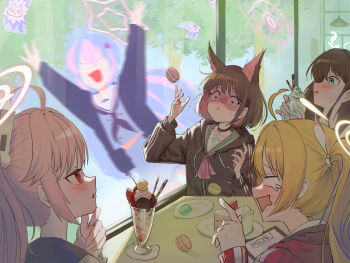  5girls :d :t absurdres after-school_sweets_club_(blue_archive) ahoge airi_(blue_archive) animal_ears arms_up black_choker black_hair black_hoodie black_jacket black_neckerchief blonde_hair blue_archive blue_hair blurry blurry_background blush brown_hair cake cake_slice cat_ears cat_girl choker closed_mouth colored_inner_hair commentary cowboy_shot day distorted_halo drooling extra_ears food furrowed_brow green_eyes green_halo green_sailor_collar hair_between_eyes halo hand_on_own_chin hand_up highres holding holding_food hood hood_down hoodie index_finger_raised indoors jacket kazusa_(blue_archive) kongaru_123 laughing long_hair long_sleeves macaron motion_blur mouth_drool multicolored_hair multiple_girls natsu_(blue_archive) neckerchief open_clothes open_jacket open_mouth parfait parted_lips pink_hair pink_halo pointing pointing_at_another profile red_eyes red_jacket reisa_(blue_archive) sailor_collar school_uniform serafuku shaded_face sidelocks smile star_halo streaked_hair surprised sweatdrop trinity_general_school_logo twintails upper_body v-shaped_eyebrows white_sailor_collar wide-eyed window yellow_halo yoshimi_(blue_archive) 