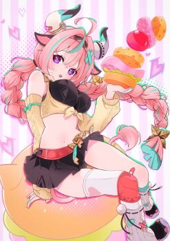  1girl ahoge animal_ears aqua_hair bandaid bell black_skirt braid breasts burger cheese commentary_request cow_ears cow_girl cow_horns cow_tail cowbell detached_sleeves food genshin_impact hair_between_eyes hairband heart highres holding holding_food horns large_breasts leg_warmers long_hair looking_at_viewer meat multicolored_hair navel open_mouth pink_hair purple_eyes saeki_pisuko shoes single_thighhigh sitting sitting_on_food skirt sneakers solo stomach streaked_hair striped_background tail teeth thighhighs tomato too_much_food twin_braids upper_teeth_only varesa_(genshin_impact) vertical-striped_background white_leg_warmers yellow_sleeves 